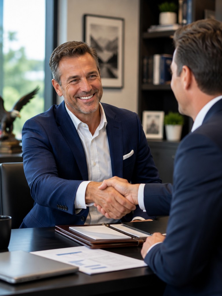 Business professionals shaking hands after aligning on a growth plan