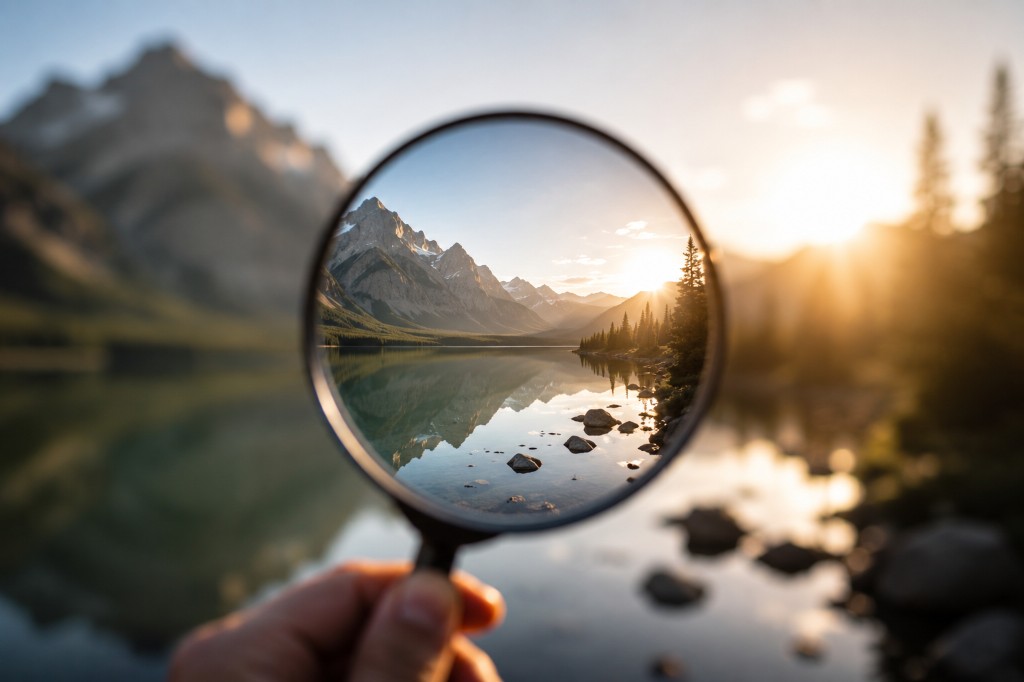 Mountain landscape brought into focus through a magnifying glass