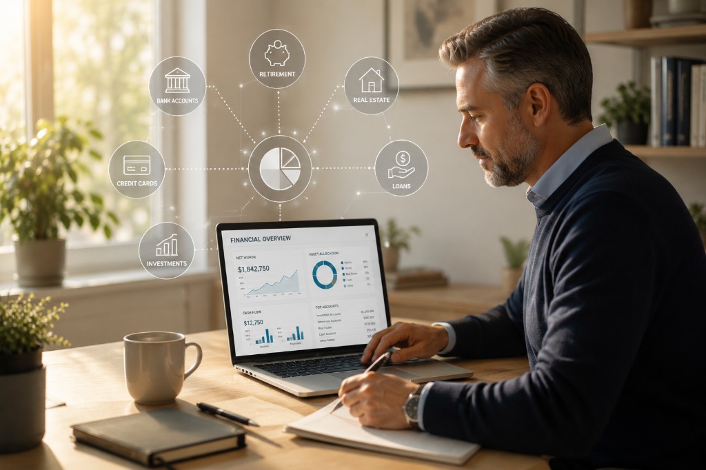 Person reviewing a consolidated financial overview dashboard