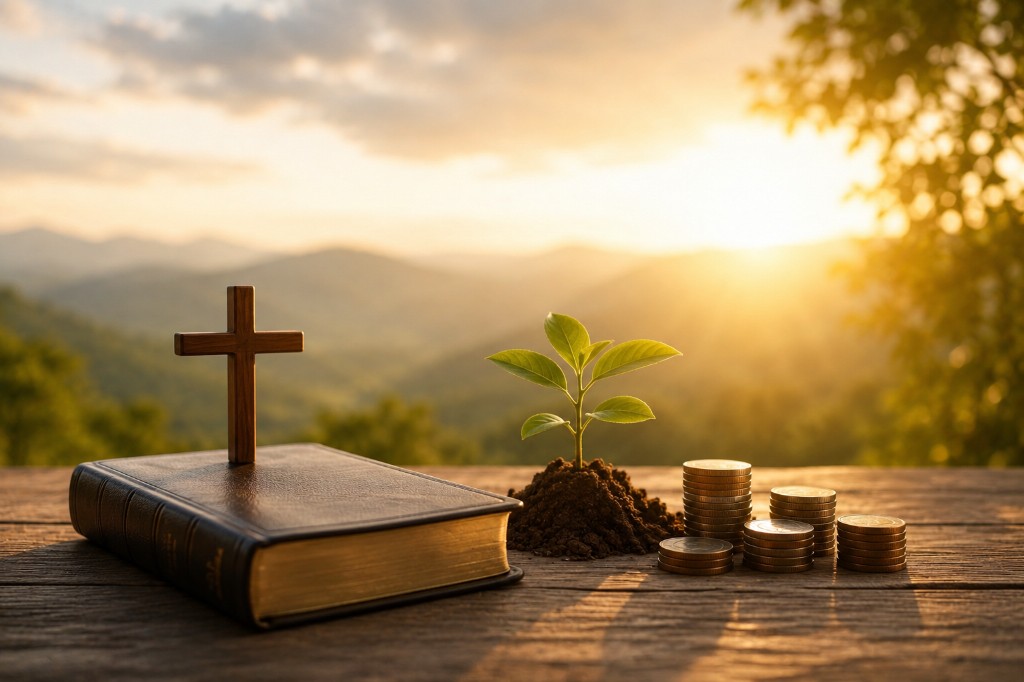 Bible with a wooden cross beside growing savings, symbolizing faith-based financial stewardship