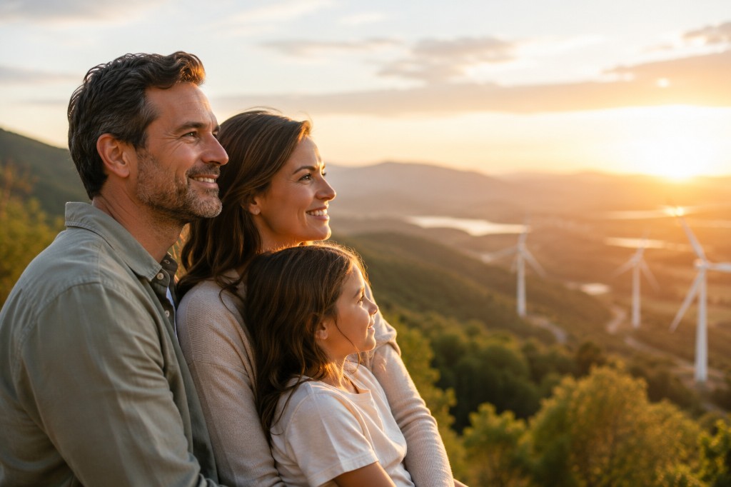 Family overlooking a scenic valley at sunset, looking toward the future