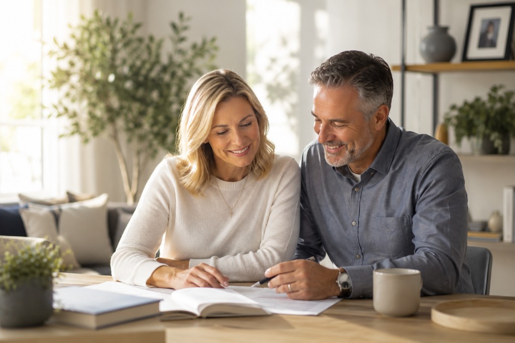 Couple reviewing financial documents together at a table in their home