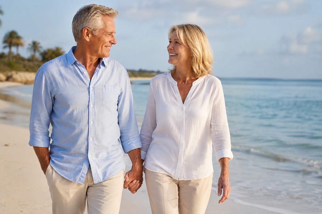 Older couple walking hand in hand on a sunny beach