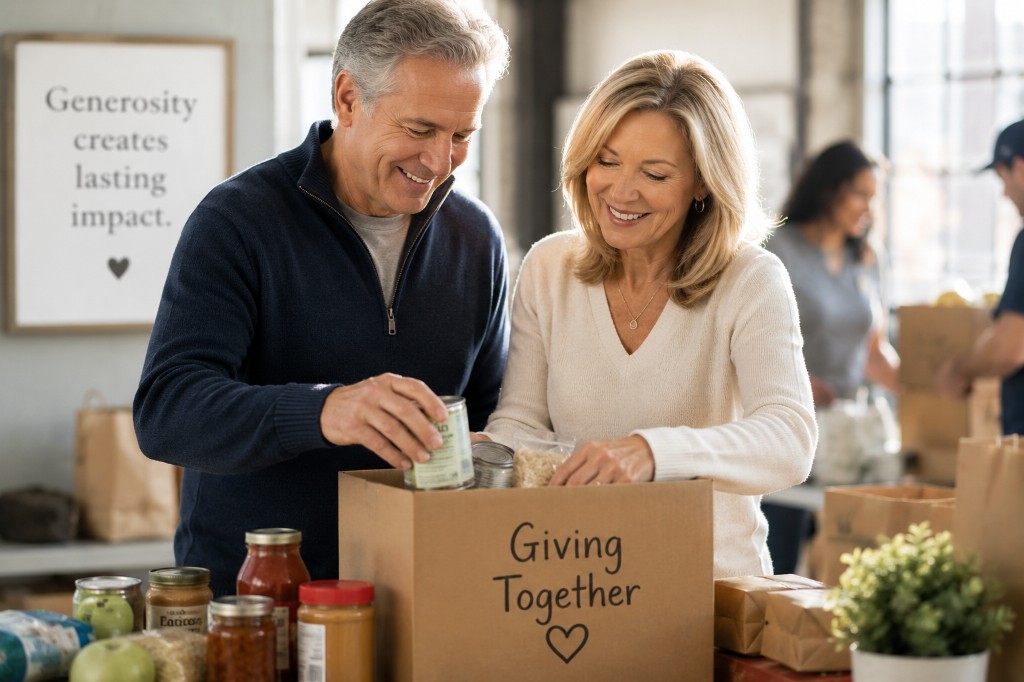 Couple packing canned goods into a donation box labeled Giving Together at a food drive