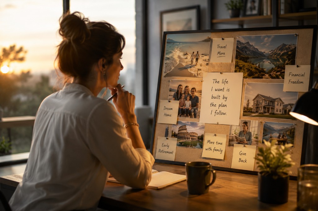 Person reviewing a vision board for the life they want in retirement
