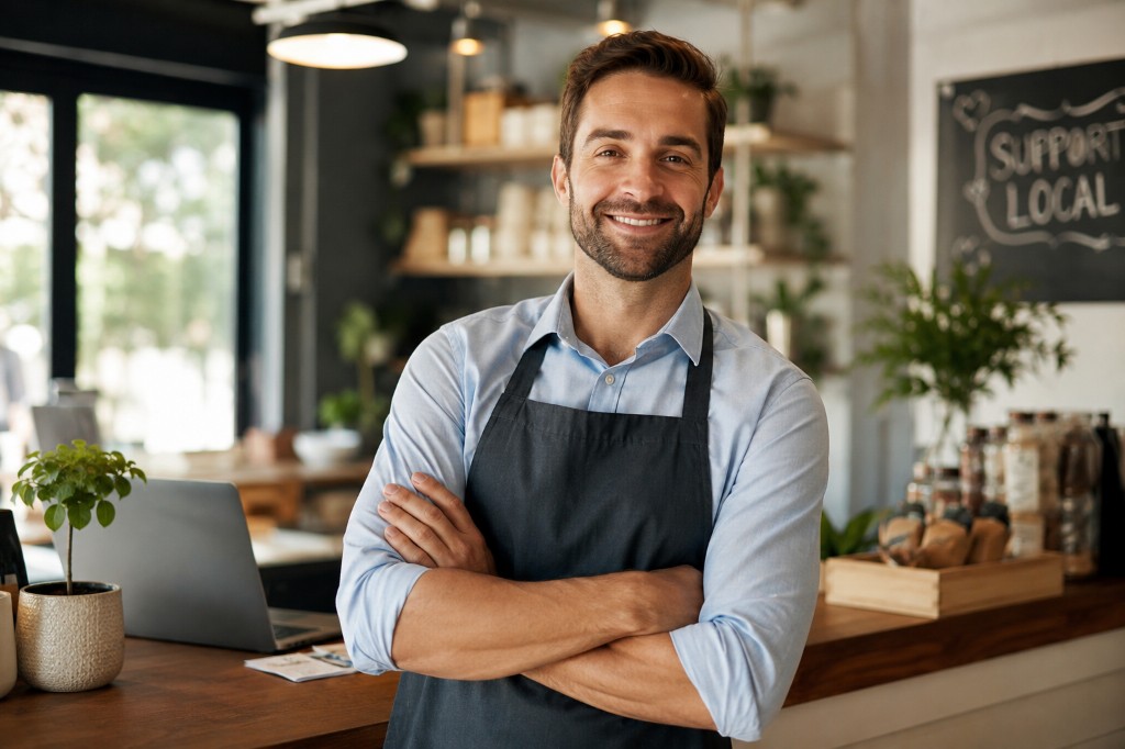 Small business owner standing in a shop, representing retirement planning for entrepreneurs