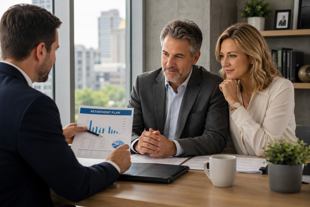 Couple reviewing a retirement plan document with a financial advisor